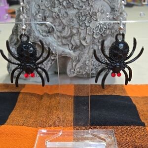 Chic Black Spider Earrings with Red Accents